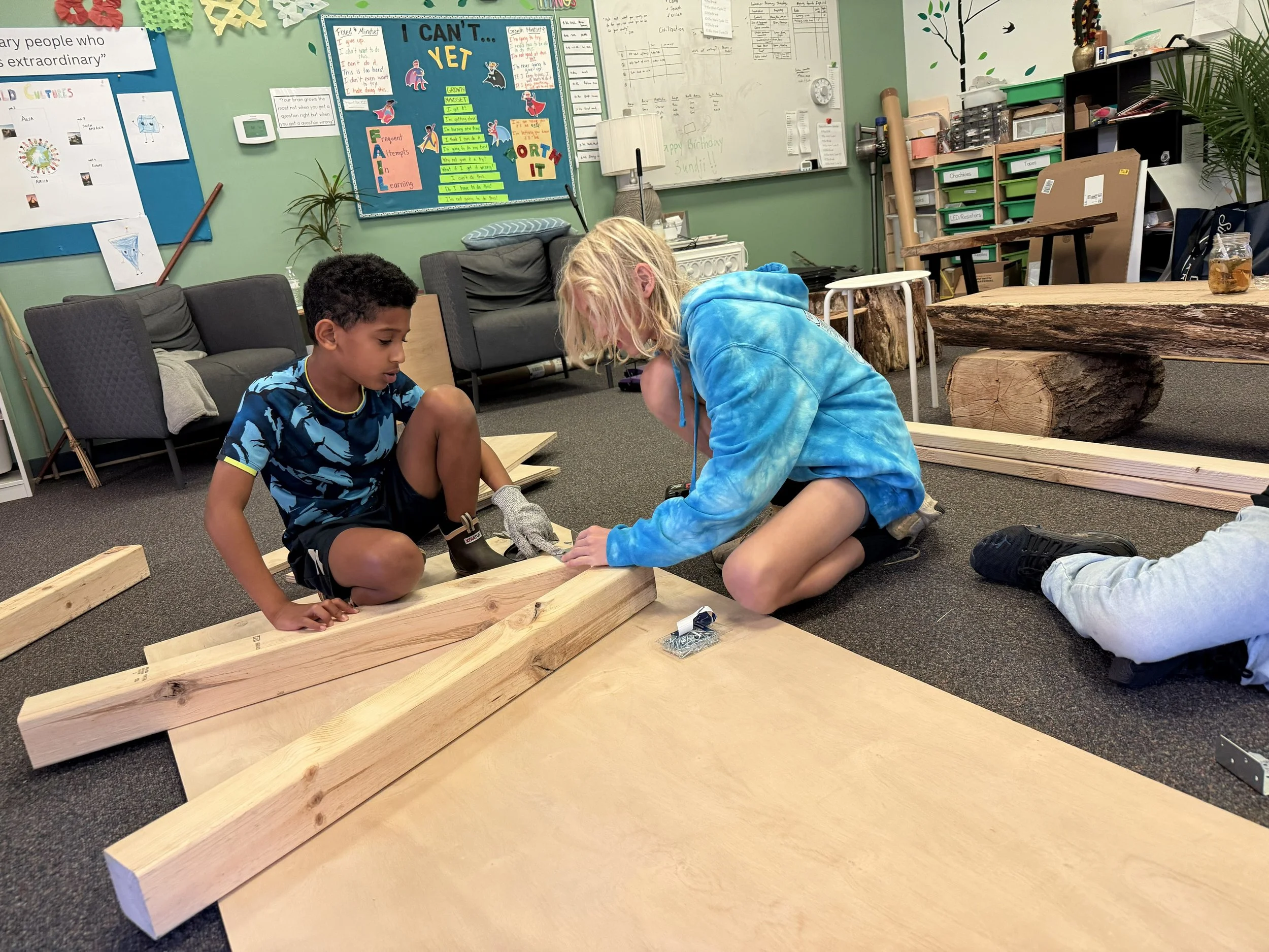 Homeschooling alternative (Acton Academy) students doing woodworking