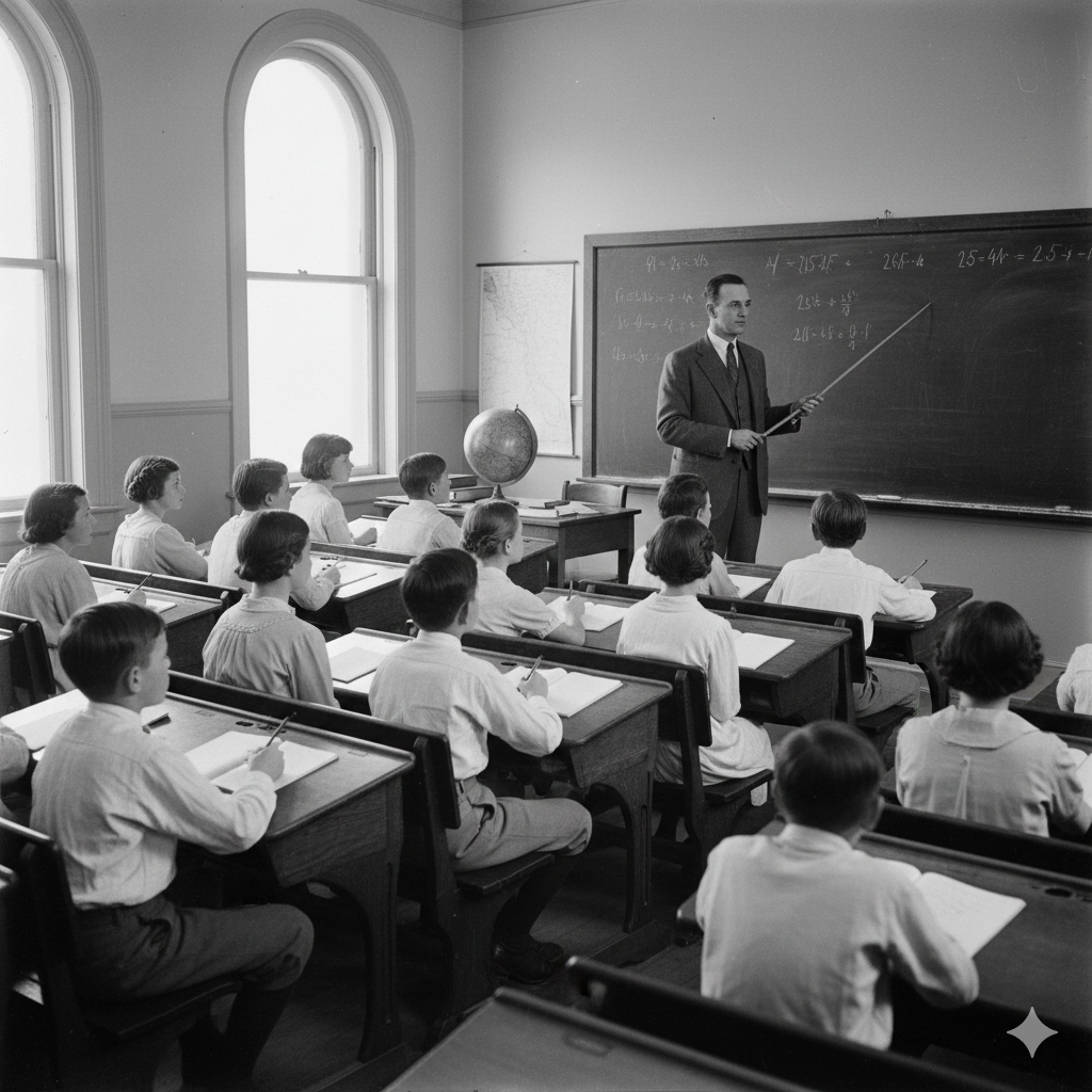 Traditional classroom scene representing industrial-era schooling