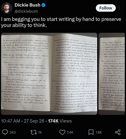 Dickie Bush on X: "I am begging you to start writing by hand to preserve your ability to think," with photos of handwritten notebook pages